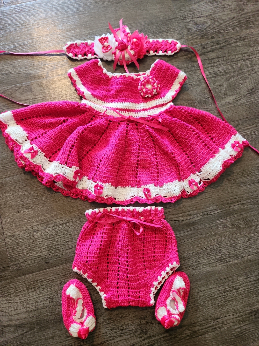Hot Pink Crochet Newborn Baby Dress Set with Headband,pants and Booties